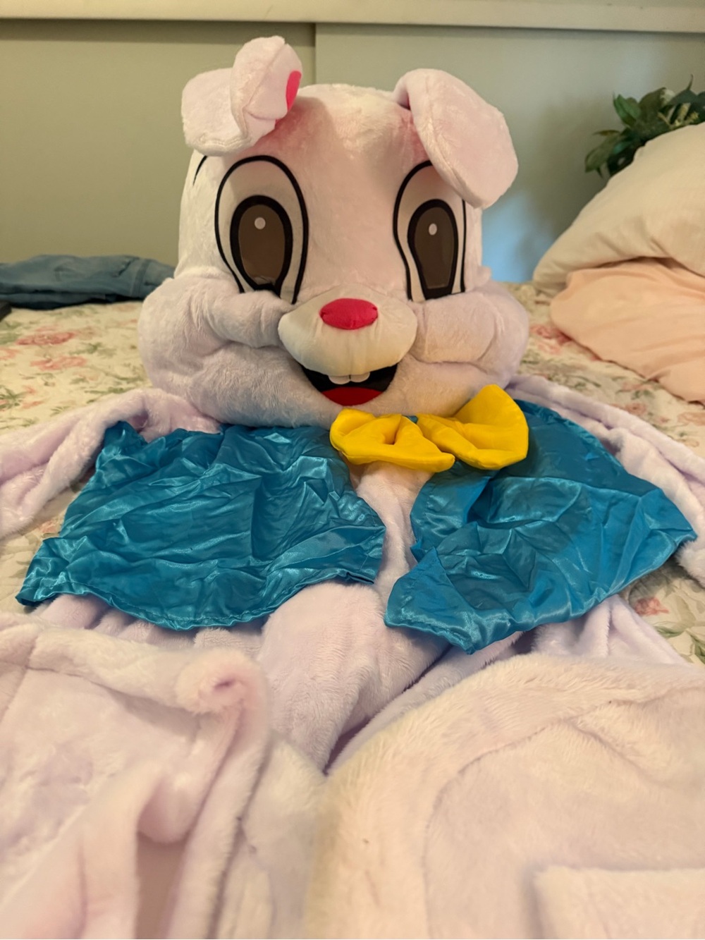 Plush Bunny Costume Hooded Wearable Blanket - Pink with Blue Cape and Yellow Bow